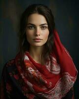 a beautiful young woman wearing a red and black scarf generative ai photo