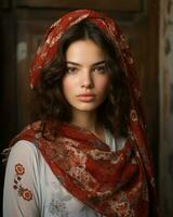 a beautiful young woman wearing a red scarf generative ai photo