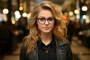 a beautiful young woman wearing glasses in a restaurant generative ai photo