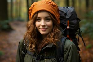 un hermosa joven mujer con un mochila en el bosque generativo ai foto