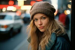a beautiful young woman with a beanie on in the city generative ai photo