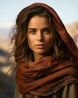 a beautiful young woman with a scarf on her head in the desert generative ai photo
