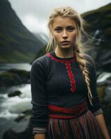 a beautiful young woman with braids in her hair standing near a river generative ai photo