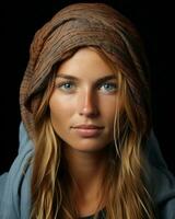 a beautiful young woman with blue eyes wearing a turban generative ai photo