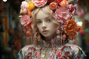 un hermosa joven mujer con flores en su cabeza generativo ai foto