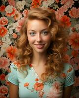 un hermosa joven mujer con largo Rizado pelo posando en frente de un floral pared generativo ai foto