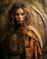 a beautiful young woman with long curly hair wearing a fur coat generative ai photo