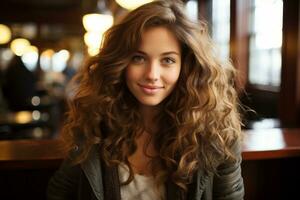 a beautiful young woman with long curly hair generative ai photo