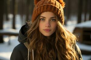 un hermosa joven mujer con largo pelo y un sombrero en el nieve generativo ai foto