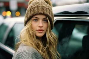 a beautiful young woman with long hair and a beanie standing in front of a car generative ai photo