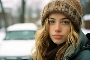 a beautiful young woman with long hair and a beanie standing in front of a car generative ai photo