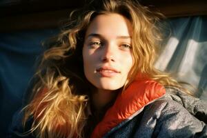 a beautiful young woman with long hair and an orange jacket generative ai photo