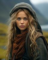 un hermosa joven mujer con largo pelo en pie en frente de un montaña generativo ai foto