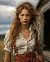 a beautiful young woman with long hair standing in front of an old barn generative ai photo