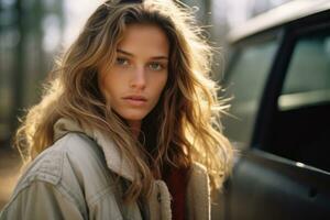 a beautiful young woman with long hair standing near a car generative ai photo