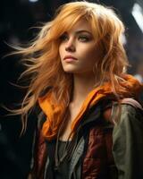 a beautiful young woman with long red hair and an orange jacket generative ai photo