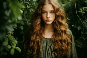 a beautiful young woman with long red hair in the woods generative ai photo