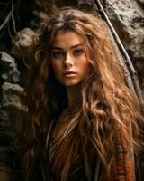 a beautiful young woman with long red hair standing in front of some rocks generative ai photo