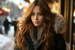 a beautiful young woman with long red hair in a winter coat generative ai photo
