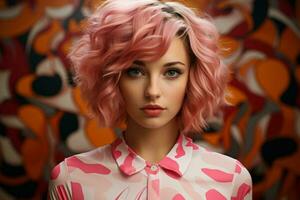 un hermosa joven mujer con rosado pelo en frente de un vistoso antecedentes generativo ai foto
