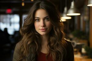 a beautiful young woman with long wavy hair in a restaurant generative ai photo