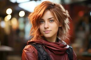 a beautiful young woman with red hair and a leather jacket generative ai photo