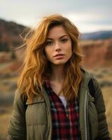 a beautiful young woman with red hair standing in the desert generative ai photo