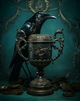a black crow sits on top of a golden trophy generative ai photo