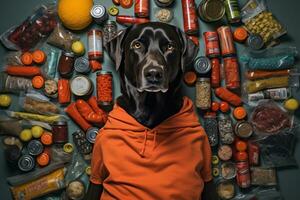 un negro perro vistiendo un naranja capucha rodeado por comida generativo ai foto