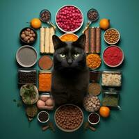 a black cat surrounded by a variety of food generative ai photo