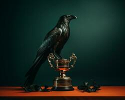 a black crow sits on top of a trophy generative ai photo