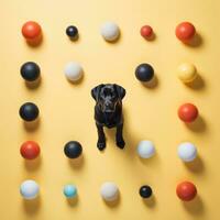 un negro perro en pie en frente de un manojo de vistoso pelotas generativo ai foto
