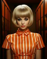 a blonde woman with an orange and white striped dress generative ai photo