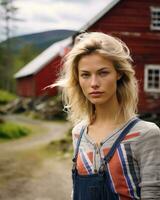 a blonde woman in overalls standing in front of a red barn generative ai photo