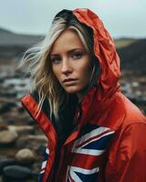 a blonde woman wearing an union jack jacket generative ai photo