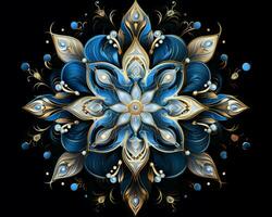 a blue and gold flower design on a black background generative ai photo