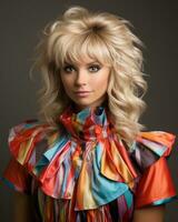 a blonde woman with a colorful shirt on generative ai photo