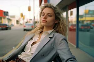a blonde woman sitting on a bench in front of a store generative ai photo