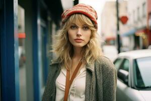 a blonde woman wearing a hat and jacket standing in front of a building generative ai photo