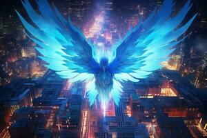 a blue bird flying over a city at night generative ai photo