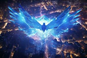 a blue bird flying over a city at night generative ai photo