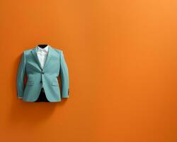 a blue suit hanging on an orange wall generative ai photo