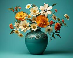 a blue vase filled with white and orange flowers generative ai photo