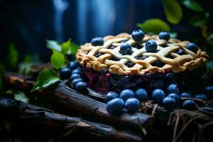 a blueberry pie sits on top of a log generative ai photo