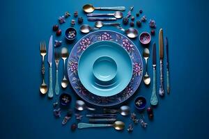 a blue table set with silverware and blue plates generative ai photo