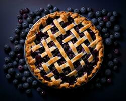 a blueberry pie with lattice on a dark background generative ai photo