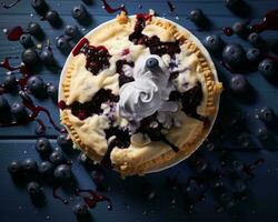 a blueberry pie with whipped cream and blueberries generative ai photo