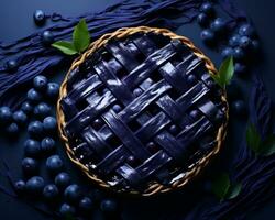 a blueberry pie is surrounded by blueberries on a blue background generative ai photo