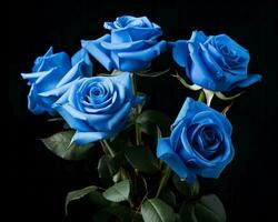 un ramo de flores de azul rosas en un negro antecedentes generativo ai foto