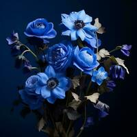 a bouquet of blue flowers against a dark background generative ai photo